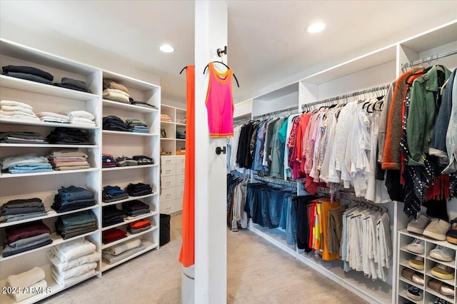 spacious closet featuring light carpet