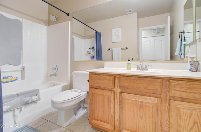 full bath featuring visible vents, toilet, shower / bath combo, tile patterned flooring, and vanity