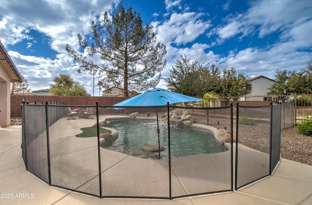 view of swimming pool featuring a fenced in pool, a patio, and a fenced backyard