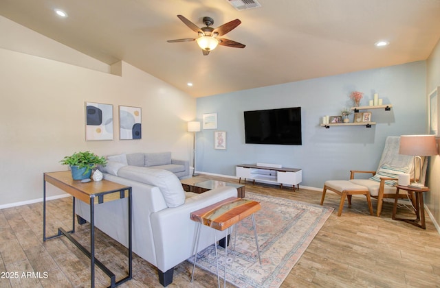 living area featuring recessed lighting, wood finished floors, a ceiling fan, and vaulted ceiling