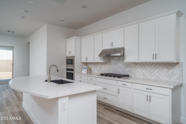 kitchen with appliances with stainless steel finishes, light hardwood / wood-style floors, a kitchen island with sink, and sink