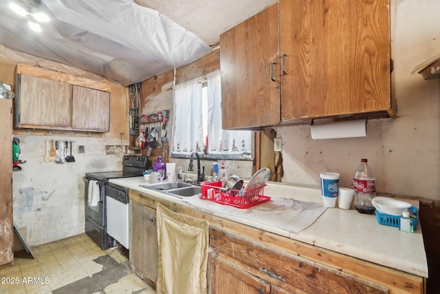 kitchen with dishwashing machine, electric range, a sink, light countertops, and brown cabinetry