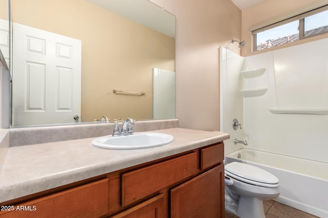 full bathroom with tile patterned flooring, vanity, shower / tub combination, and toilet