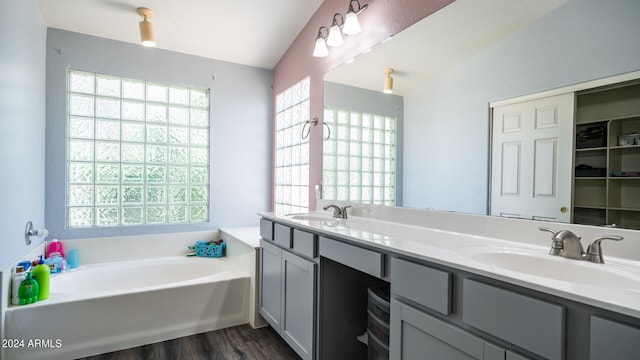 bathroom with a bath to relax in, dual bowl vanity, hardwood / wood-style floors, and plenty of natural light