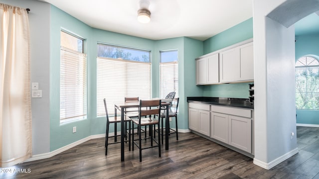 dining room with a healthy amount of sunlight, dark wood-type flooring, and ceiling fan