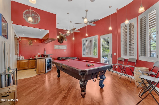 2371 E Sanoque Ct, Gilbert, AZ 85298 - recreation room featuring beverage cooler, a ceiling fan, pool table, and light wood finished floors