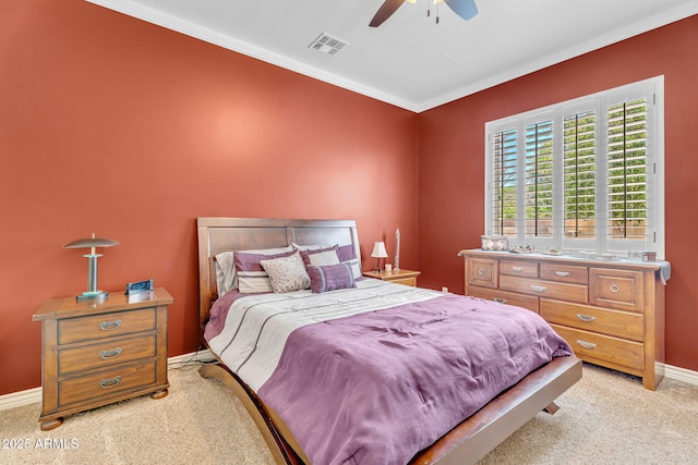 2371 E Sanoque Ct, Gilbert, AZ 85298 - bedroom with light carpet, crown molding, and a ceiling fan