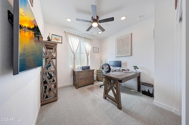 carpeted home office featuring recessed lighting, baseboards, and ceiling fan