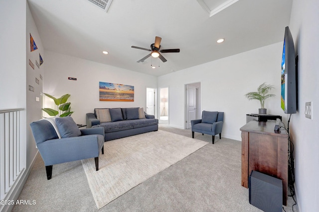 carpeted living room featuring visible vents, recessed lighting, a ceiling fan, and baseboards