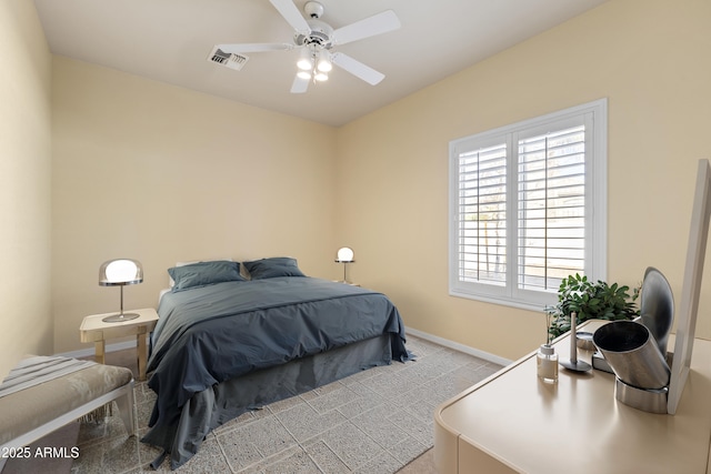 bedroom with ceiling fan, visible vents, and baseboards