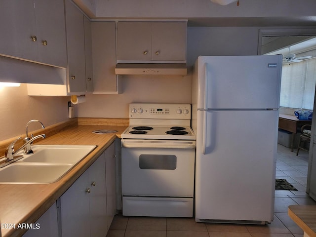 kitchen with ceiling fan, sink, white appliances, and light tile patterned flooring