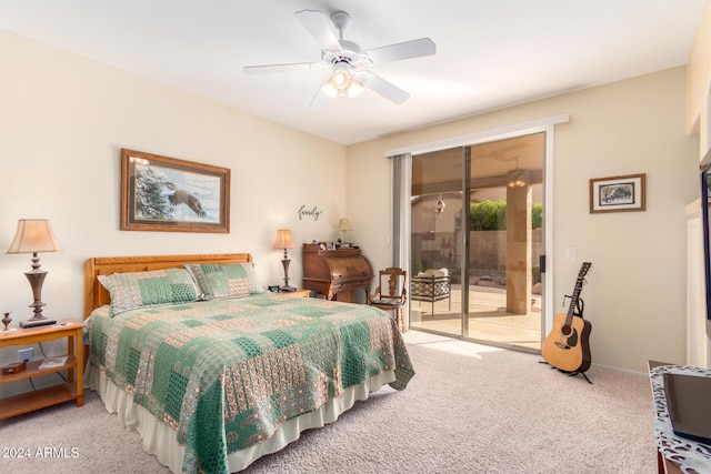 carpeted bedroom with access to exterior and ceiling fan