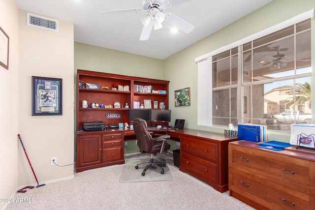 office featuring light colored carpet and ceiling fan