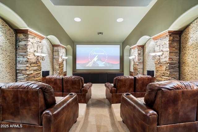 cinema with recessed lighting, visible vents, and carpet floors