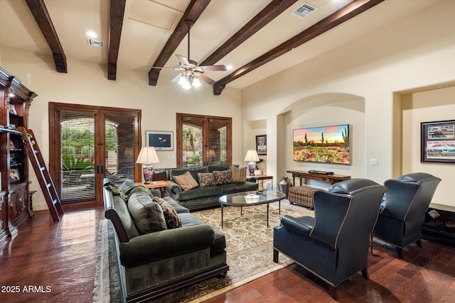 living room featuring visible vents, plenty of natural light, french doors, and ceiling fan