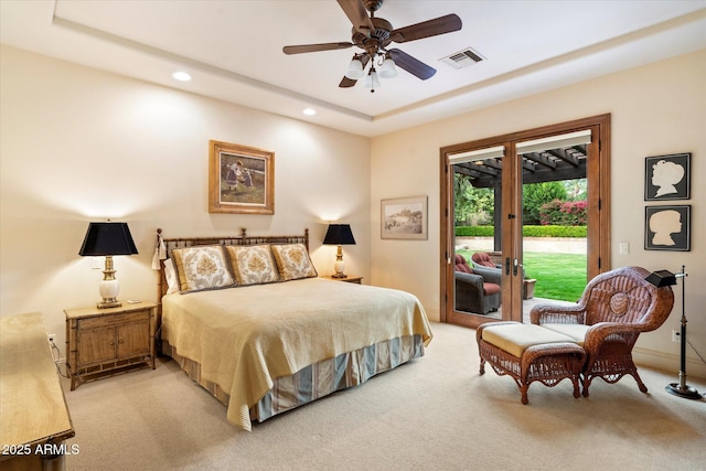 bedroom featuring access to exterior, recessed lighting, visible vents, and light carpet