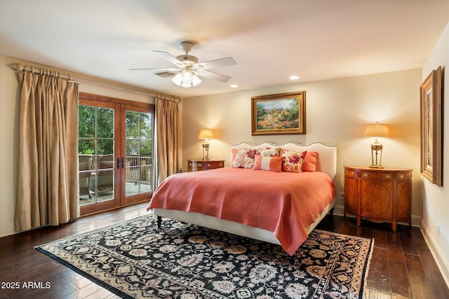 bedroom with access to exterior, baseboards, recessed lighting, french doors, and wood-type flooring