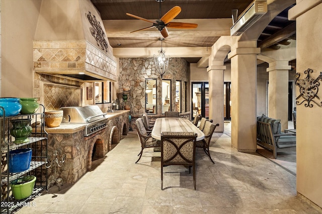 view of patio / terrace featuring outdoor dining area, a ceiling fan, area for grilling, and a grill