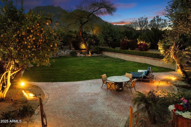 yard at dusk featuring a patio