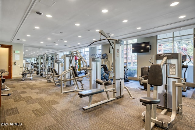 exercise room with a healthy amount of sunlight, recessed lighting, and light colored carpet