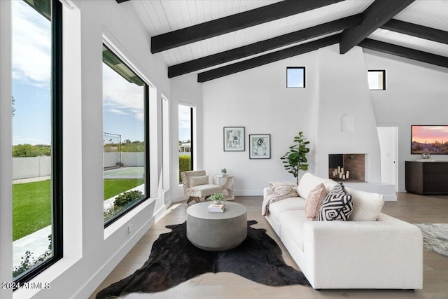 living room featuring beamed ceiling, high vaulted ceiling, a wealth of natural light, and wood-type flooring