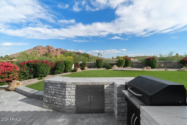 view of patio featuring a mountain view