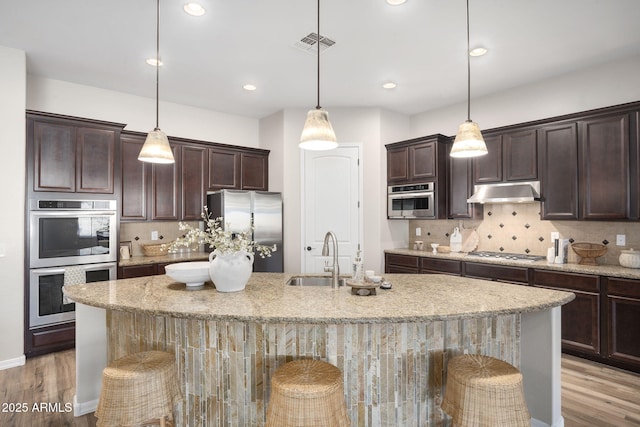 kitchen with sink, a kitchen island with sink, and appliances with stainless steel finishes