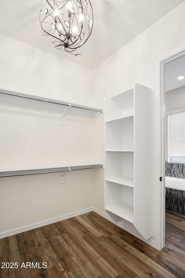 walk in closet with dark hardwood / wood-style flooring and a chandelier