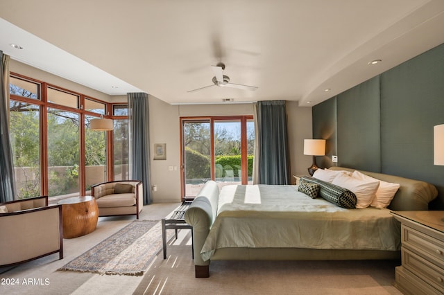 bedroom with visible vents, light colored carpet, ceiling fan, access to outside, and recessed lighting