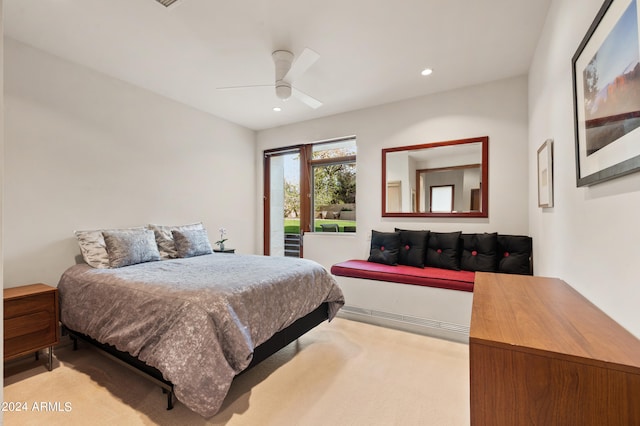 carpeted bedroom with recessed lighting and ceiling fan