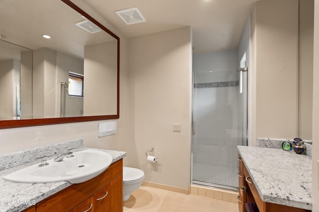 full bathroom featuring a stall shower, visible vents, toilet, tile patterned floors, and vanity