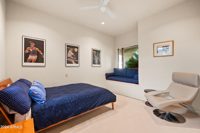 carpeted bedroom with ceiling fan and recessed lighting