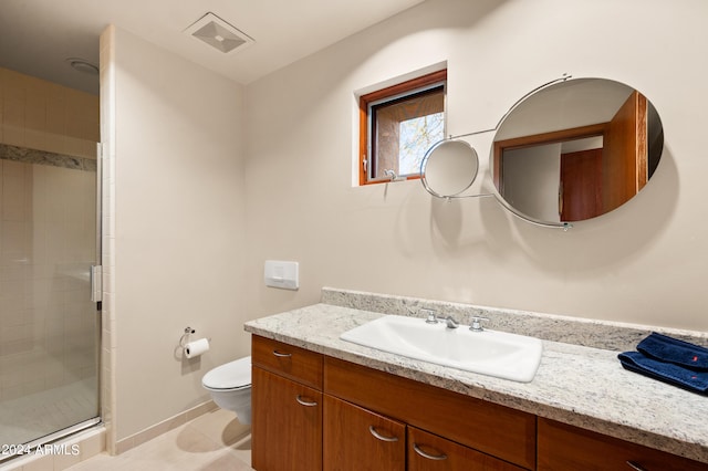 full bath with a stall shower, visible vents, toilet, tile patterned flooring, and vanity