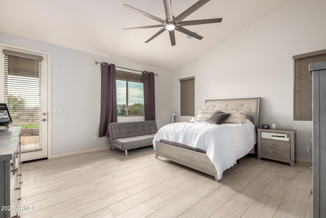 bedroom with baseboards, a ceiling fan, lofted ceiling, light wood-style flooring, and access to outside