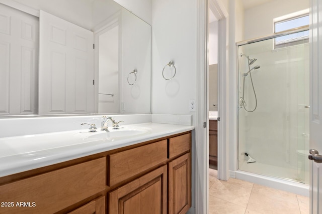 8689 E Krail St, Scottsdale, AZ 85250 - bathroom featuring a shower stall, vanity, and tile patterned flooring
