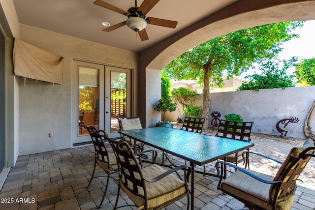 8689 E Krail St, Scottsdale, AZ 85250 - view of patio / terrace with outdoor dining space, ceiling fan, and french doors