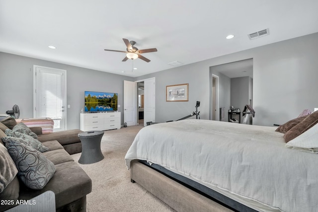 carpeted bedroom with ceiling fan