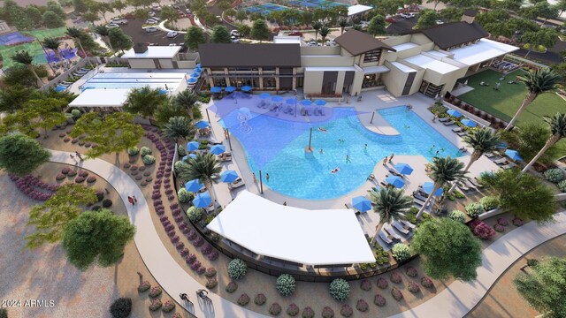 drone / aerial view of a pool