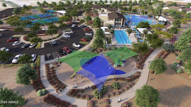 drone / aerial view of a pool