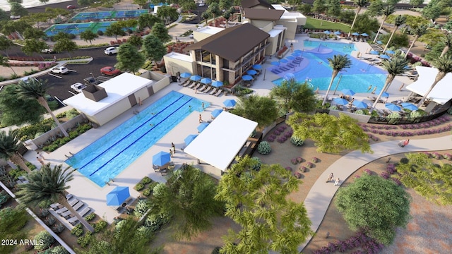 drone / aerial view of a pool area