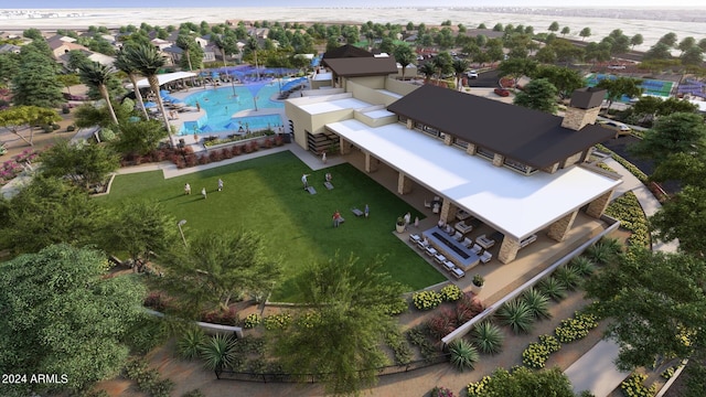 aerial view of a pool area
