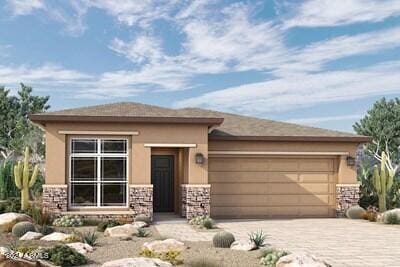 prairie-style house featuring a garage