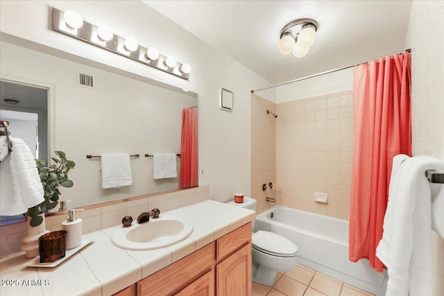 full bath featuring vanity, visible vents, tile patterned floors, toilet, and shower / tub combo with curtain