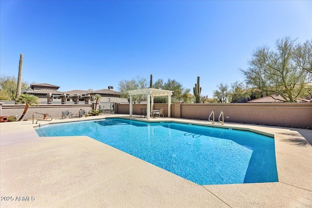 view of swimming pool with a fenced in pool, a patio, fence, and a pergola