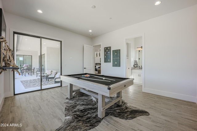 recreation room with baseboards, pool table, light wood-style flooring, and recessed lighting