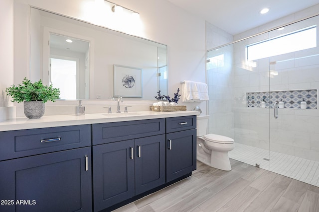 full bathroom featuring toilet, a shower stall, vanity, and a healthy amount of sunlight