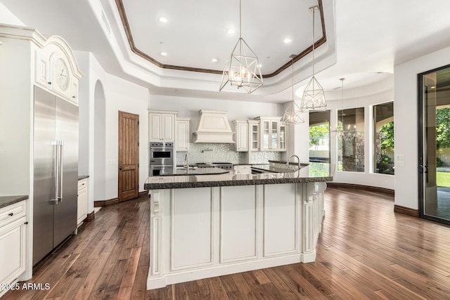 kitchen with an inviting chandelier, a raised ceiling, plenty of natural light, and stainless steel appliances