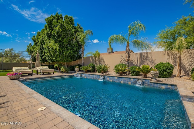 view of pool featuring an outdoor living space, a fenced backyard, a patio area, and a fenced in pool