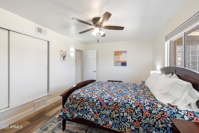 11421 W Lakeshore Dr, Youngtown, AZ 85363 - bedroom with a ceiling fan, wood finished floors, baseboards, and visible vents