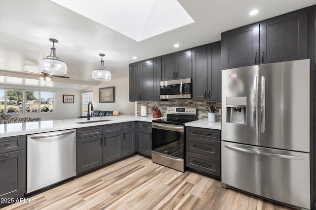 11421 W Lakeshore Dr, Youngtown, AZ 85363 - kitchen with light countertops, stainless steel appliances, tasteful backsplash, a sink, and light wood-style floors